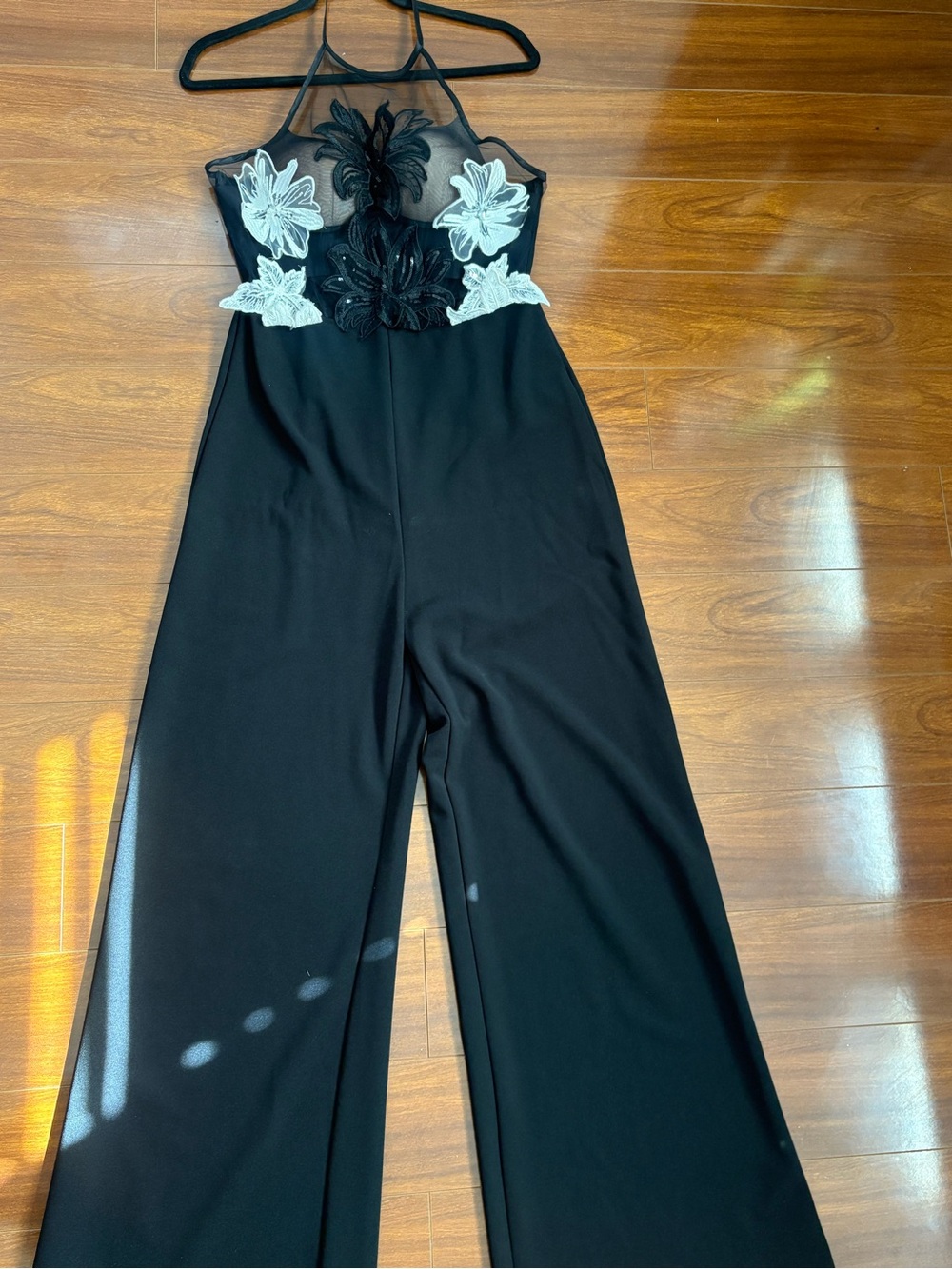 Black Wide-Leg Jumpsuit with Lace Appliqué